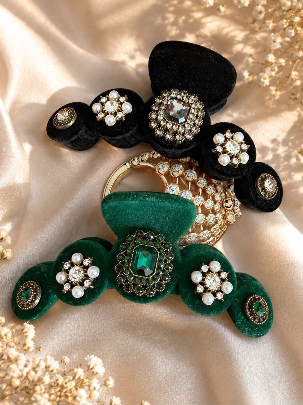 Velvet Jeweled Rhinestones Claw Clips Set of 2